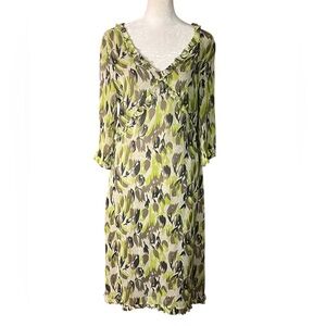 JILL STUART SILK GREEN YELLOW 3/4 SLEEVE V-NECK MIDI DRESS GREAT COND (4)